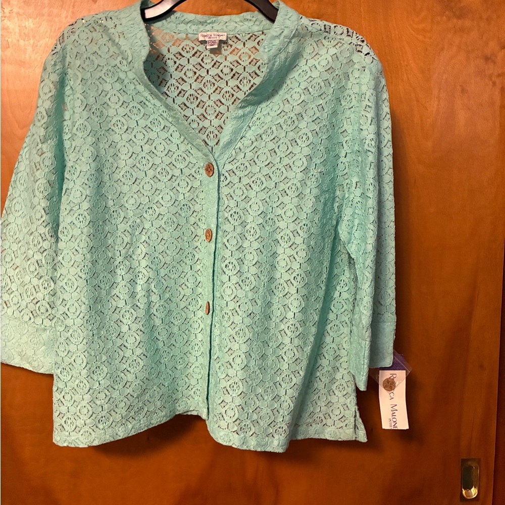 Rebecca Malone petite XL Lace Blouse Aruba Blue NWT - Picture 1 of 10